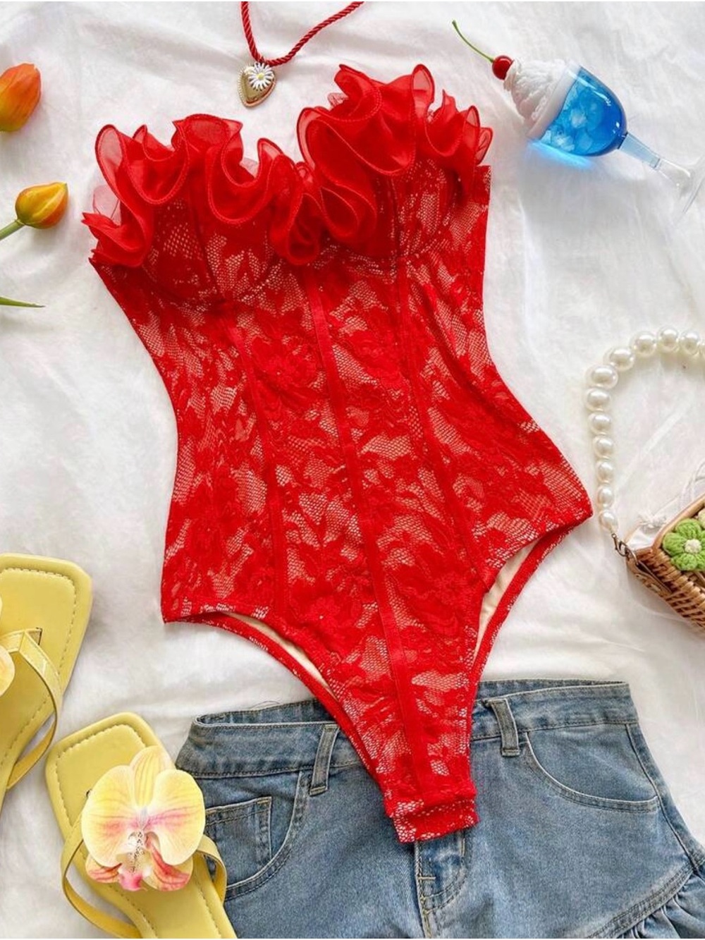 Red Lace Ruffled Bodysuit